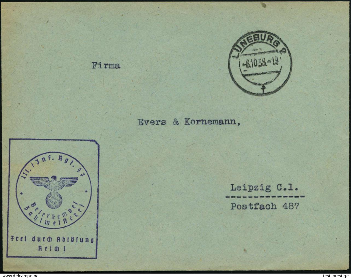 LÜNEBURG 2/ F 1938 (6.10.) 2K-Steg + Viol. Ra: Frei D. Ablösung/ Reich/ III.- Jnf. Rgt. 47/ Zahlmeisterei , Klar Gest. W - Other & Unclassified