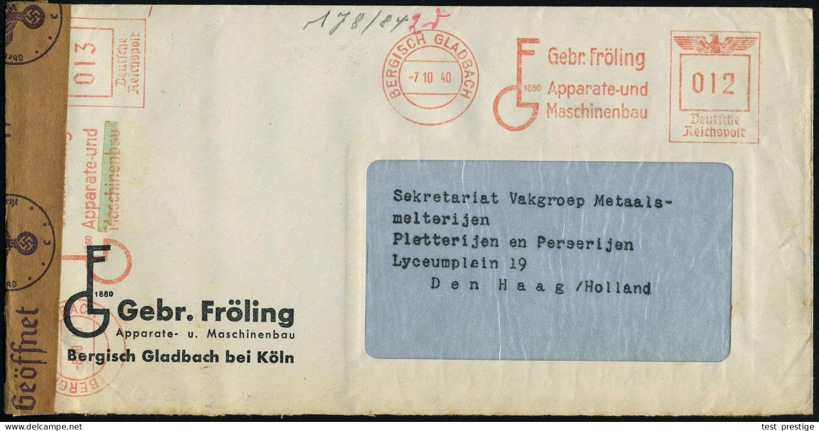 BERGISCH GLADBACH/ Gebr.Fröling/ GF 1880/ Apparate-u./ Maschinenbau 1940 (7.10.) Seltener AFS Francotyp 012 Pf. + 013 Pf - Otros & Sin Clasificación