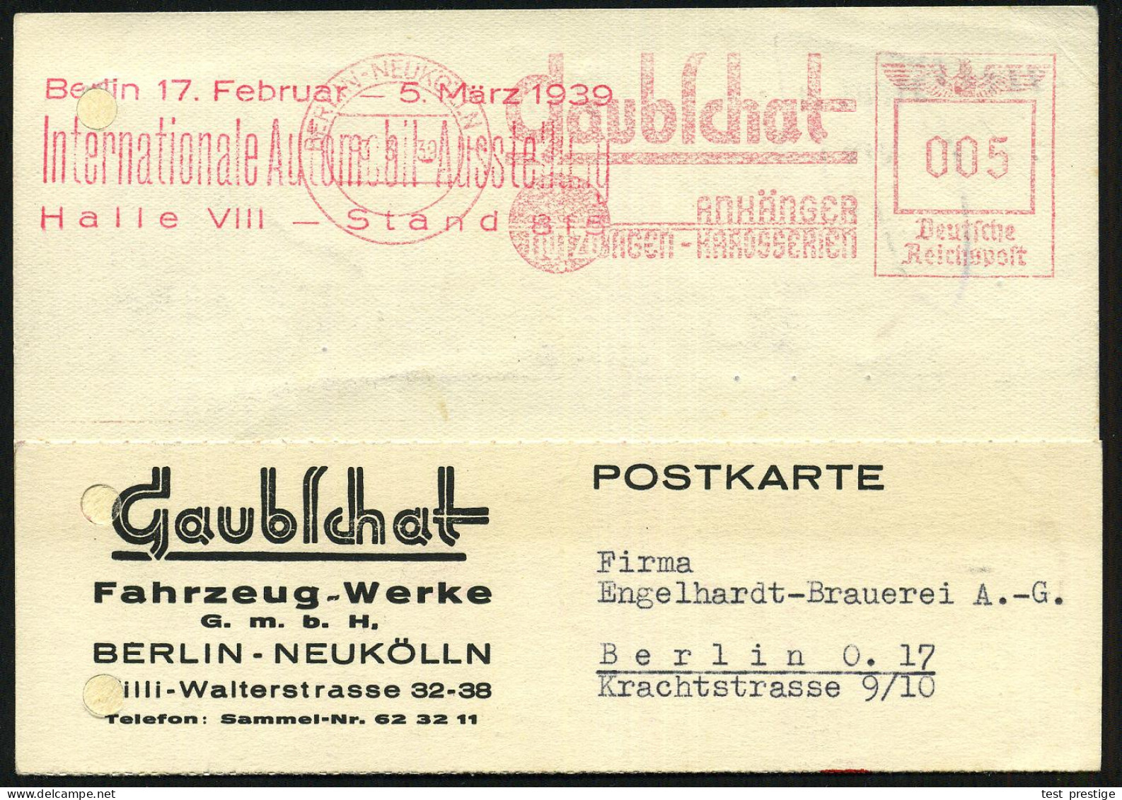 BERLIN-NEUKÖLLN 1/ Gaubschat/ ANHÄNGER/ NUTZWAGEN-KAROSSERIEN 1939 (3.3.) Seltener AFS Francotyp + Roter HdN-3L: Berlin  - Autres & Non Classés