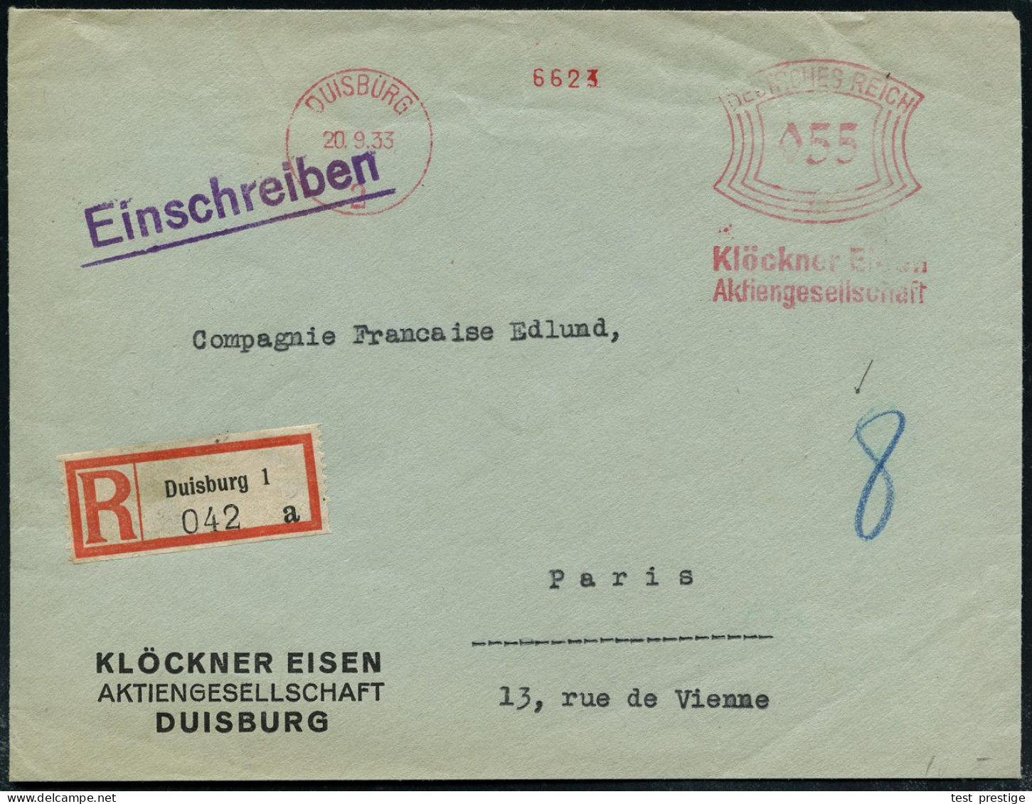 DUISBURG/ 2/ Klöckner Eisen/ AG 1933 (20.9.) AFS Francotyp 055 Pf. + RZ: Duisburg 1/a , Firmen-Bf.: KLÖCKNER EISEN AG =  - Otros & Sin Clasificación