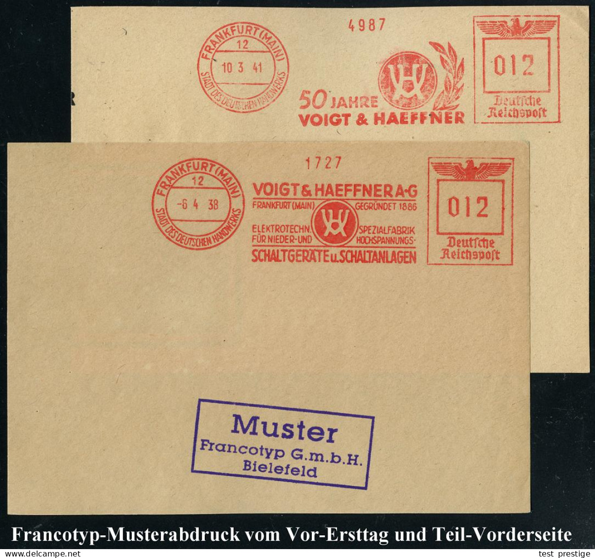 FRANKFURT (MAIN)/ 12/ SDDH/ VOIGT & HAEFFNER AG/ ..ELEKTROTECHN.SPEZIALFABRIK.. 1938/41 AFS-Musterabdruck Francotyp "Rei - Autres & Non Classés