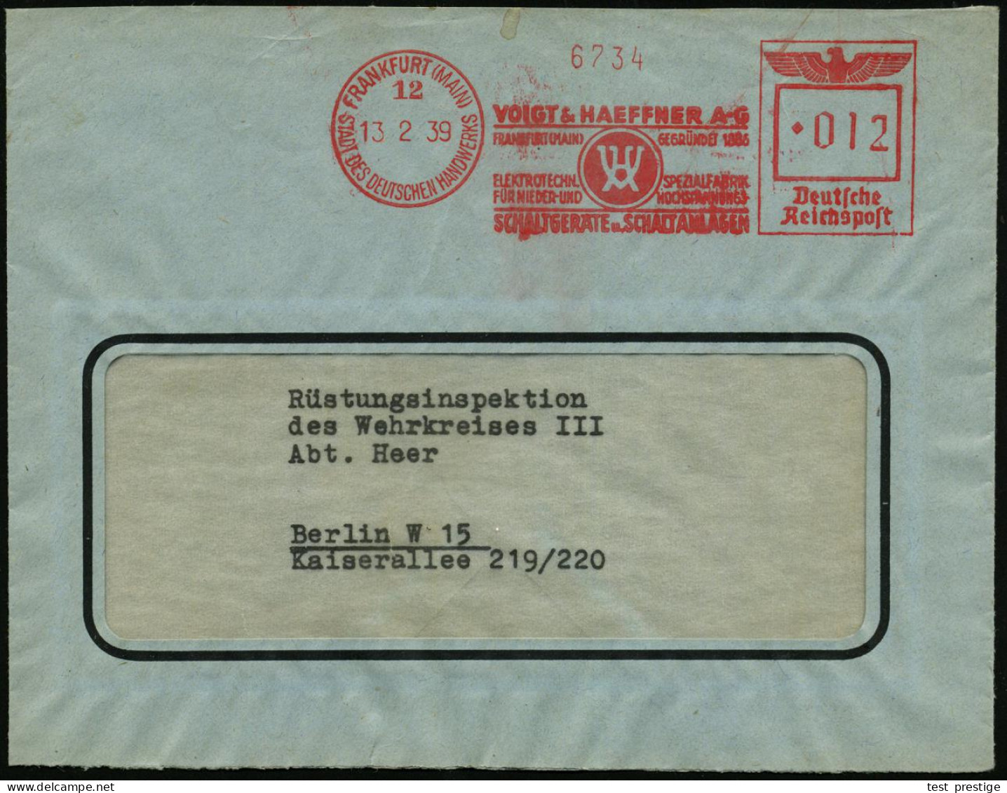 FRANKFURT (MAIN)/ 12/ SDDH/ VOIGT & HAEFFNER AG/ ELEKTROTECHN.SPEZIALFABRIK.. 1939 (13.2.) AFS Francotyp (Monogr.-Logo)  - Autres & Non Classés