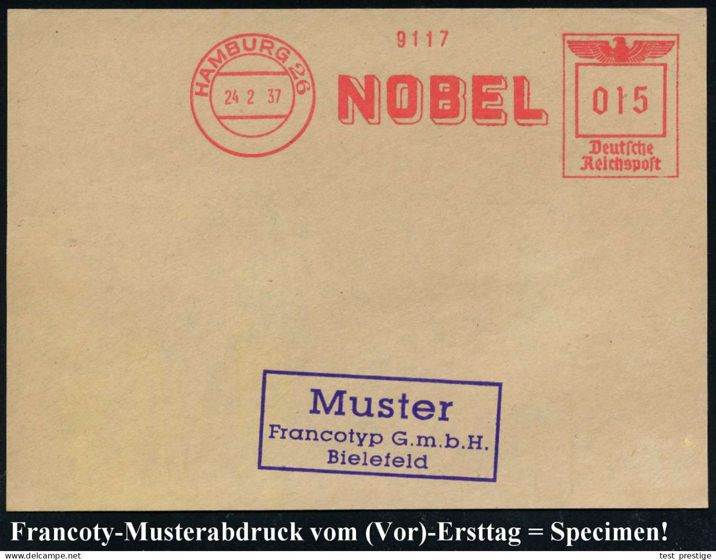 HAMBURG 26/ NOBEL 1937 (24.2.) AFS Francotyp-Musterabdruck "Reichsadler" Glasklar Gest. Francotyp-Musterblatt Vom (Vor)- - Sonstige & Ohne Zuordnung