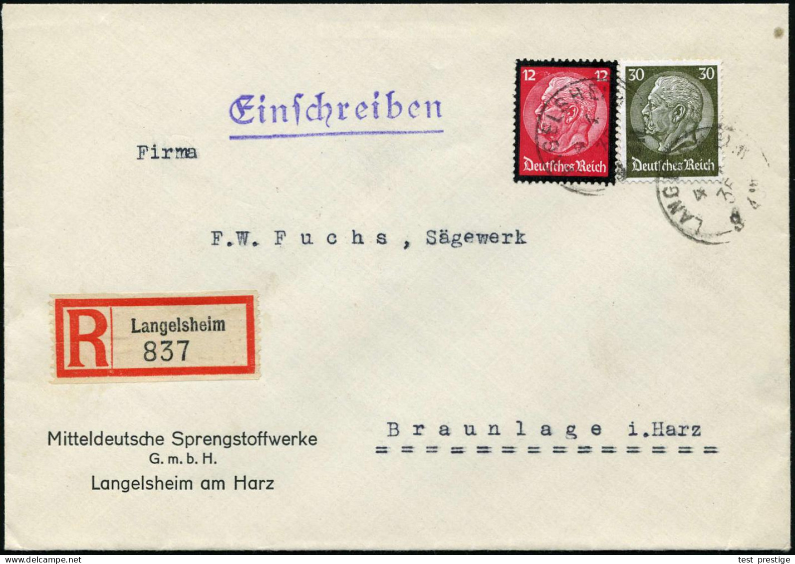 LANGELSHEIM 1935 (4.4.) Kleiner, Alter 1K 2x Auf Firmen-Bf.: Mitteldeutsche Sprengstoffwerke GmbH + RZ: Langelsheim, Inl - Otros & Sin Clasificación