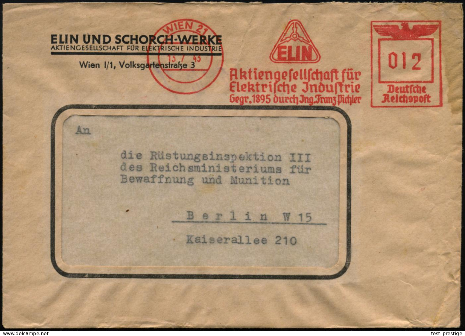 WIEN 21/ ELIN/ Aktiengese.für/ Elektrische Jndustrie/ Gegr.1895 Durch Jng.Franz Pichler 1943 (13.7.) AFS Francotyp (Mono - Otros & Sin Clasificación