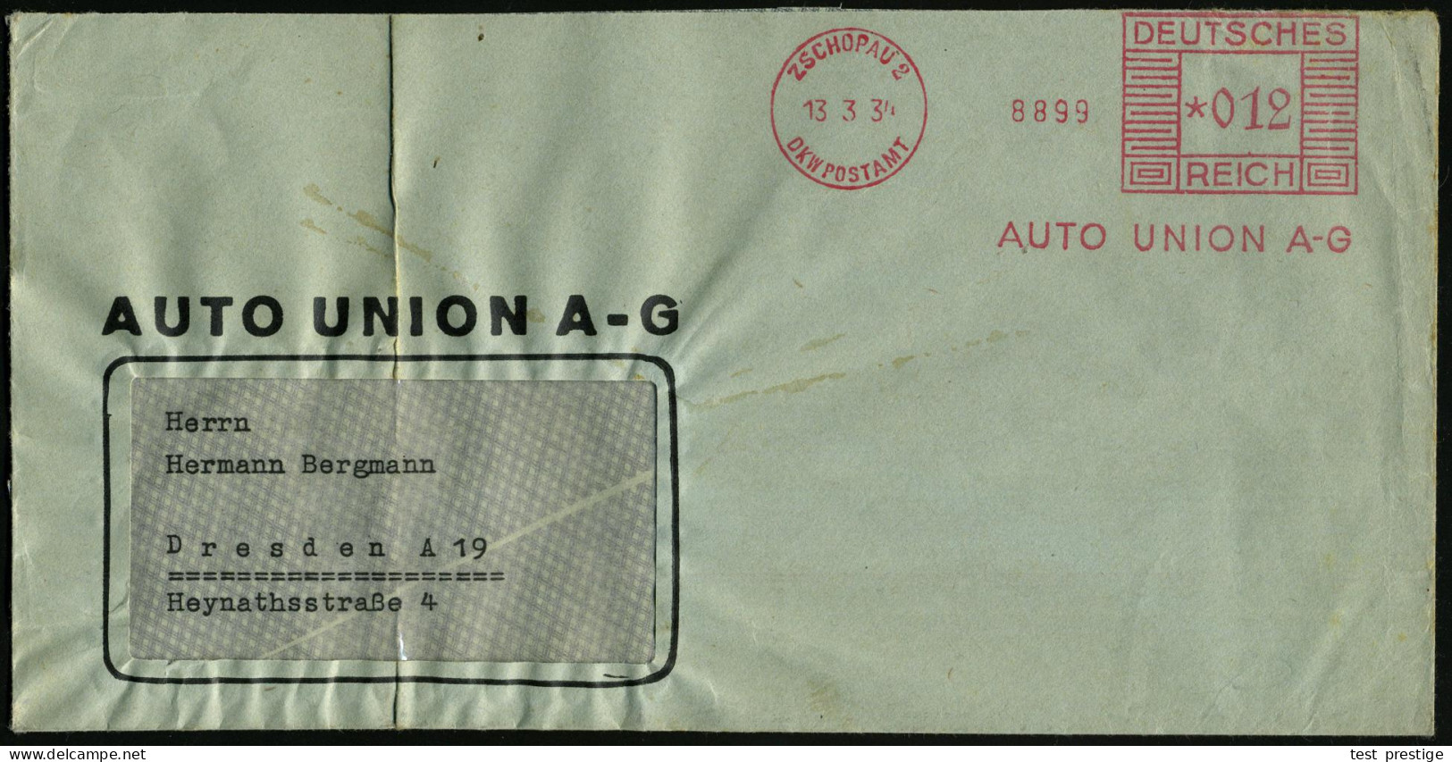 ZSCHOPAU 2/ DKW POSTAMT/ AUTO UNION A-G 1934 (13.3.) Seltener AFS Francotyp = Hauspostamt! , Firmen-Bf. (links Gefaltet) - Autres & Non Classés