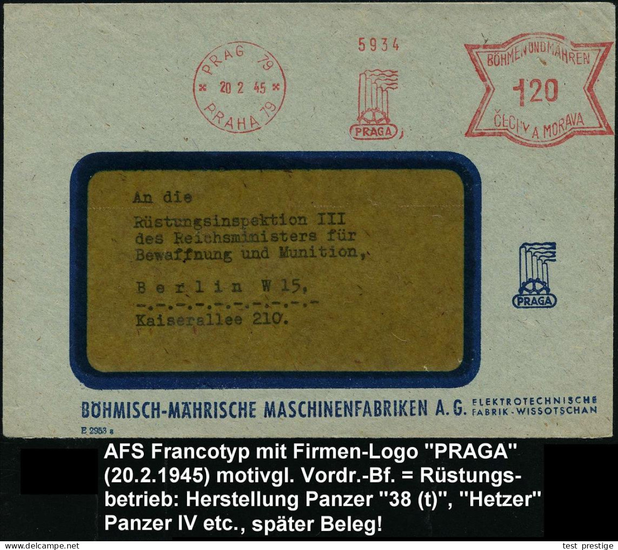 BÖHMEN & MÄHREN 1945 (20.2.) AFS Francotyp: PRAG 79/PRAHA 79/ P R A G A (Logo Mit 4 Schloten) Motivgl. Firmen-Bf: BÖHMIS - Autres & Non Classés