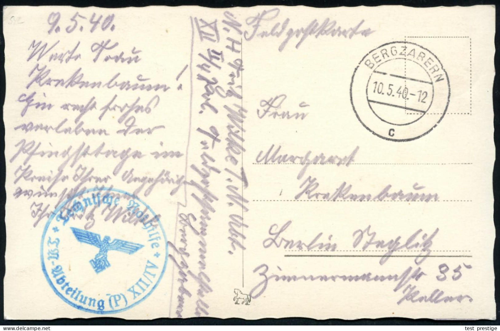 BERGZABERN/ C 1940 (10.5.) 2K-Steg + Grüner 1K-HdN.: Technische Nothilfe/TN-Abteilung (P) XII/IV (TN-Adler Mit Hakenkreu - WW2 (II Guerra Mundial)