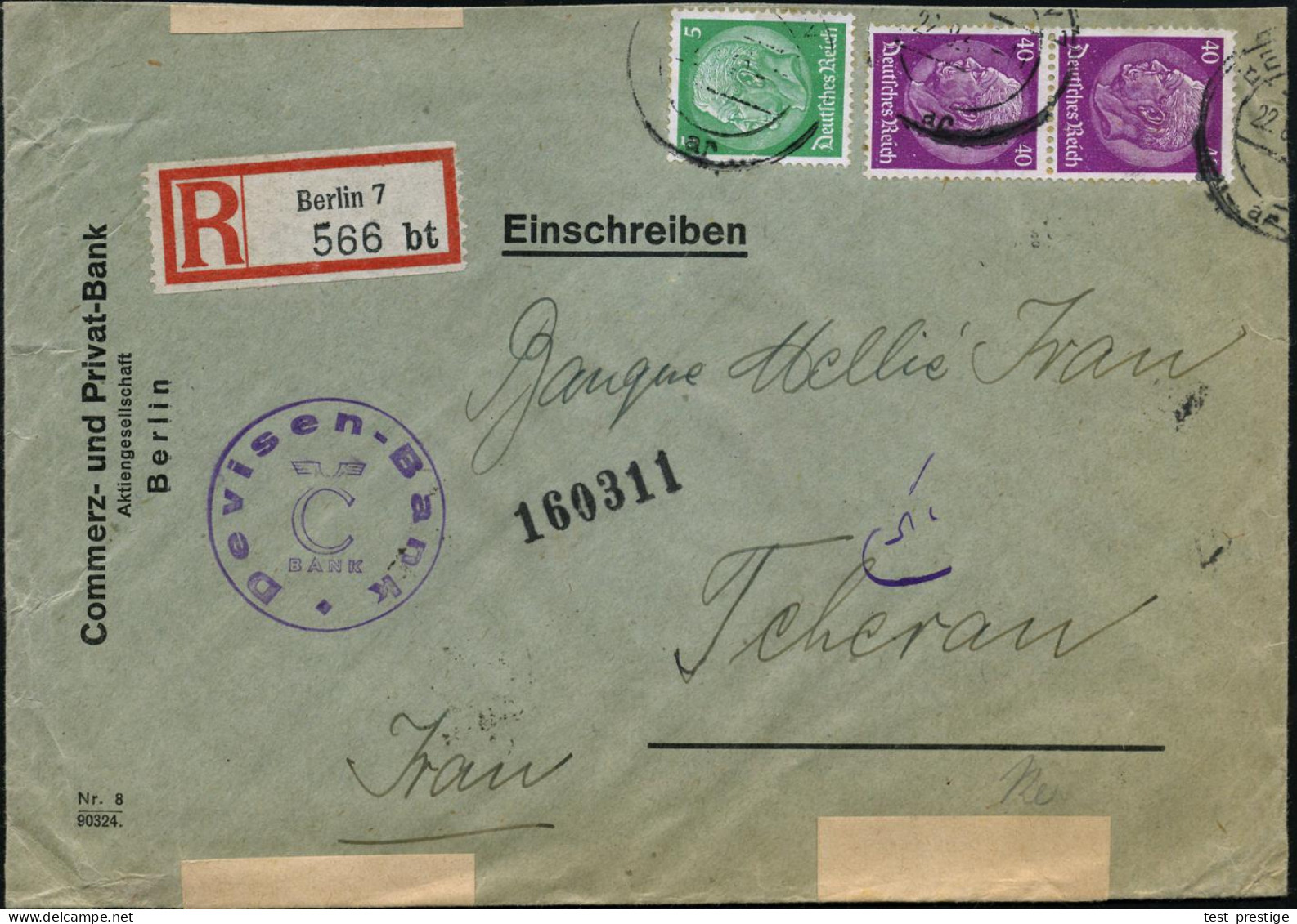 Berlin 7 1940 (22.8.) Firmen-Bf.: Commerz- U. Privatbank Berlin + Viol. HdN: Devisen-Bank/C BANK, Seltene Frankatur , Hi - WO2