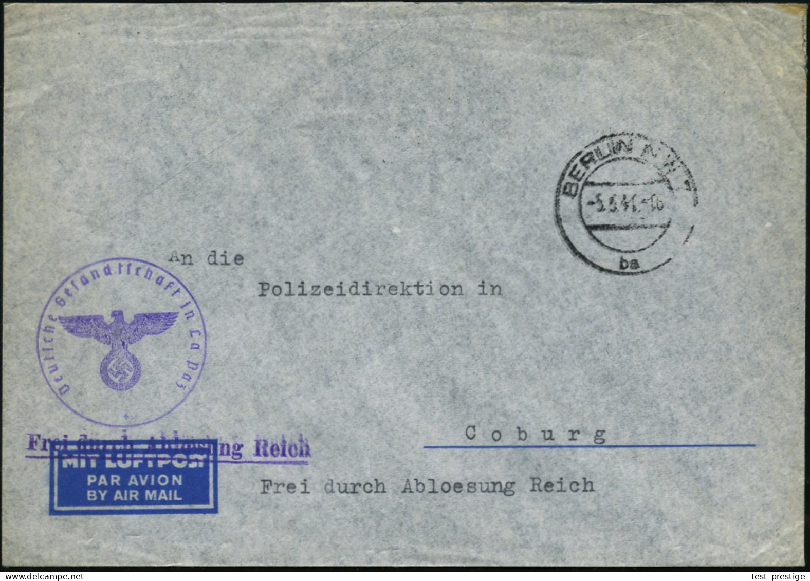 BERLIN NW7/ Bs 1941 (5.5.) 2K-Steg Auf Übersee-Flp.-Diplomaten-Kurier-Bf., Viol.1K-HdN.: Deutsche Gesandtschaft In La Pa - Guerre Mondiale (Seconde)