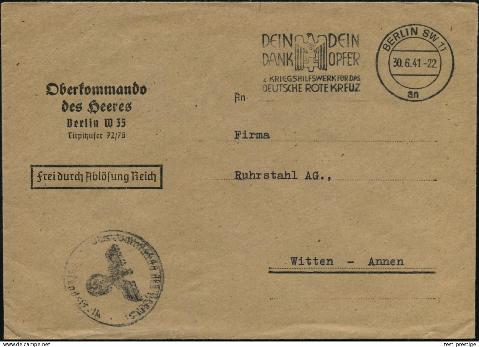 BERLIN SW11/ An/ ..2.KRIEGSWHW FÜR DAS/ DEUTSCHE ROTE KREUZ 1941 (30.6.) MWSt (RK-Logo) Dienst-Bf.: Oberkommando Des  He - WW2