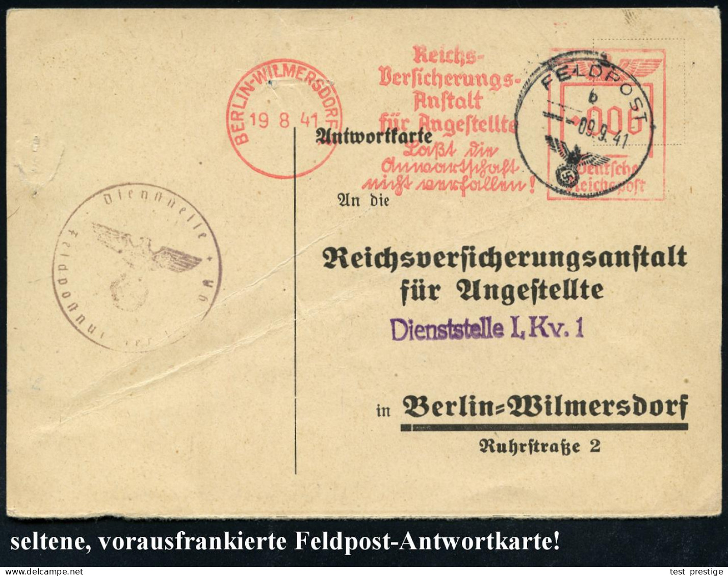 BERLIN-WILMERSDORF 1/ Reichs-/ Versicherungs-/ Anstalt/ Für Angestellte.. 1941 (Aug./Sept.) 2x AFS Francotyp 006 Pf. Auf - WO2