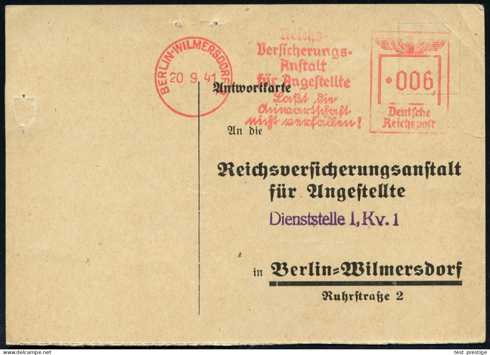 BERLIN-WILMERSDORF 1/ Reichs-/ Versicherungs-/ Anstalt/ Für Angestellte.. 1941 (Aug./Sept.) 2x AFS Francotyp 006 Pf. Auf - WO2