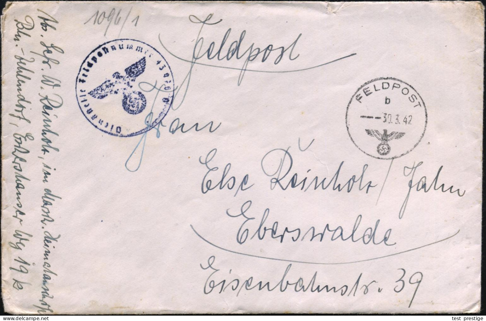 Berlin-Zehlendorf 1942 (30.3.) 1K: FELDPOST/b/--- + Bl. 1K-HdN: Fp.Nr. 43076 = Baustab  S P E E R  Ostbau, OT (Bf. Rs. K - Guerre Mondiale (Seconde)