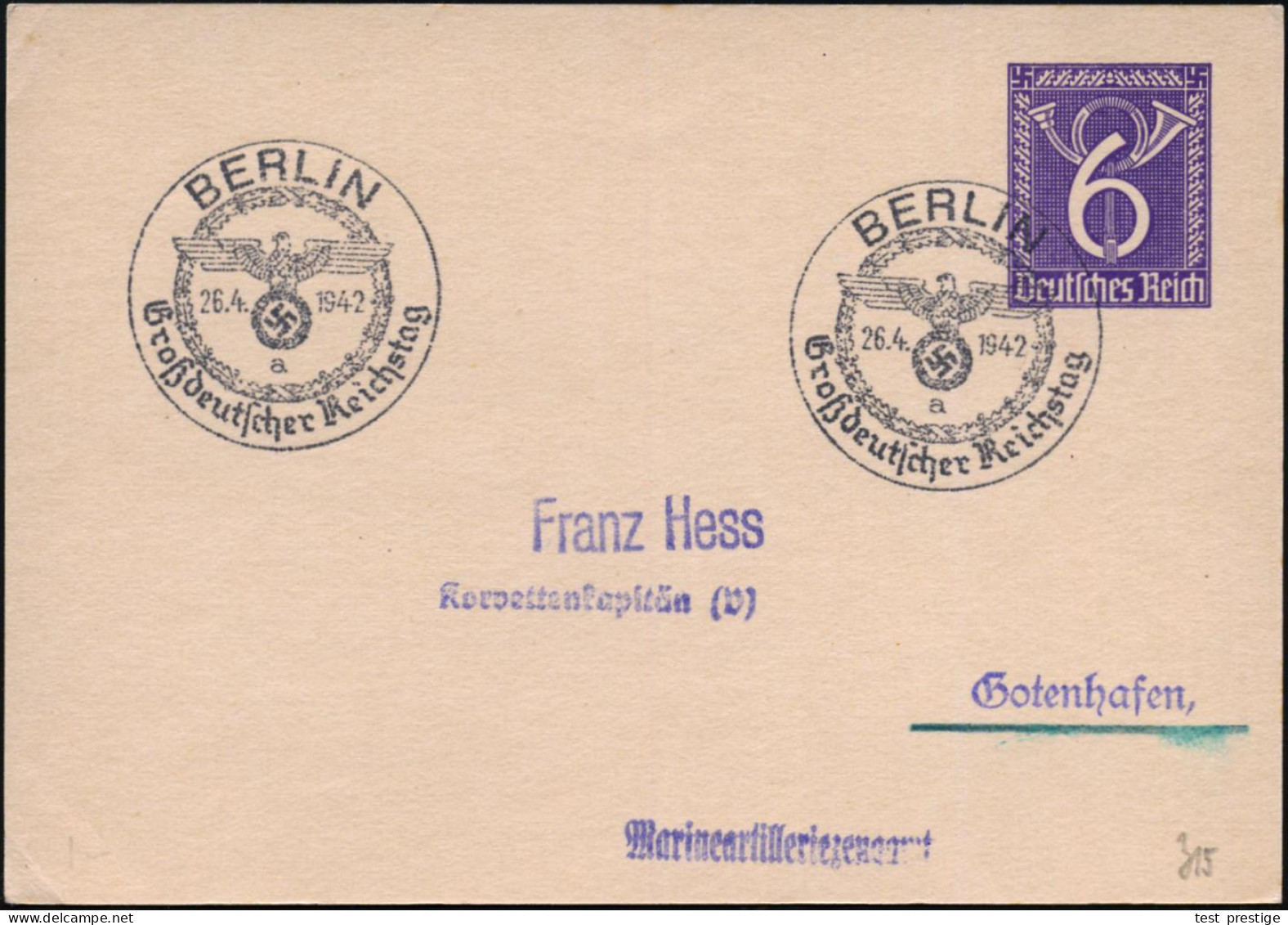 BERLIN/ A/ Großdeutscher Reichstag 1942 (26.4.) SSt = Hauspostamt Reichstag Auf Seltener PP 6 Pf. Posthorn, Viol. (Mi.PP - WW2