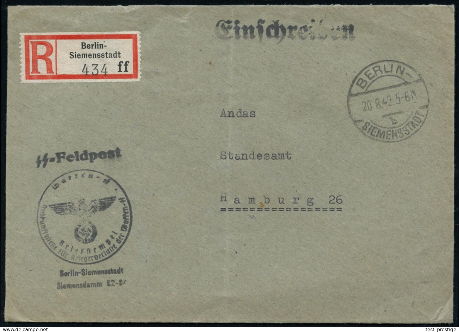 BERLIN-/ B/ SIEMENSSTADT 1942 (20.8.) 1K-Brücke + Selbstbucher-RZ: Berlin-/Siemesstadt/ F F + Hdn: S S - Feldpost/ Waffe - WW2 (II Guerra Mundial)