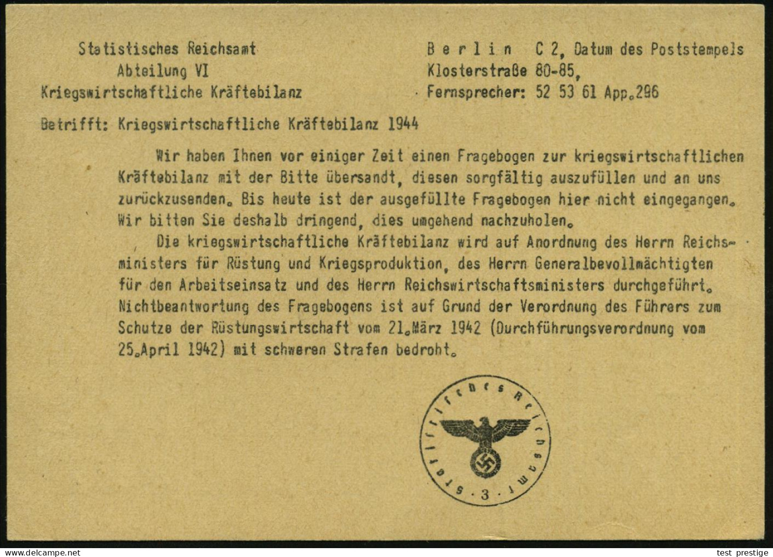 BERLIN SW 11/ Aq/ NUR GENAUE ANSCHRIFTEN/ Sichern/ Gute Überkunft 1944 (26.8.) MWSt (Brief) Auf Dienst-Kt.: FdAR/ Statis - WW2