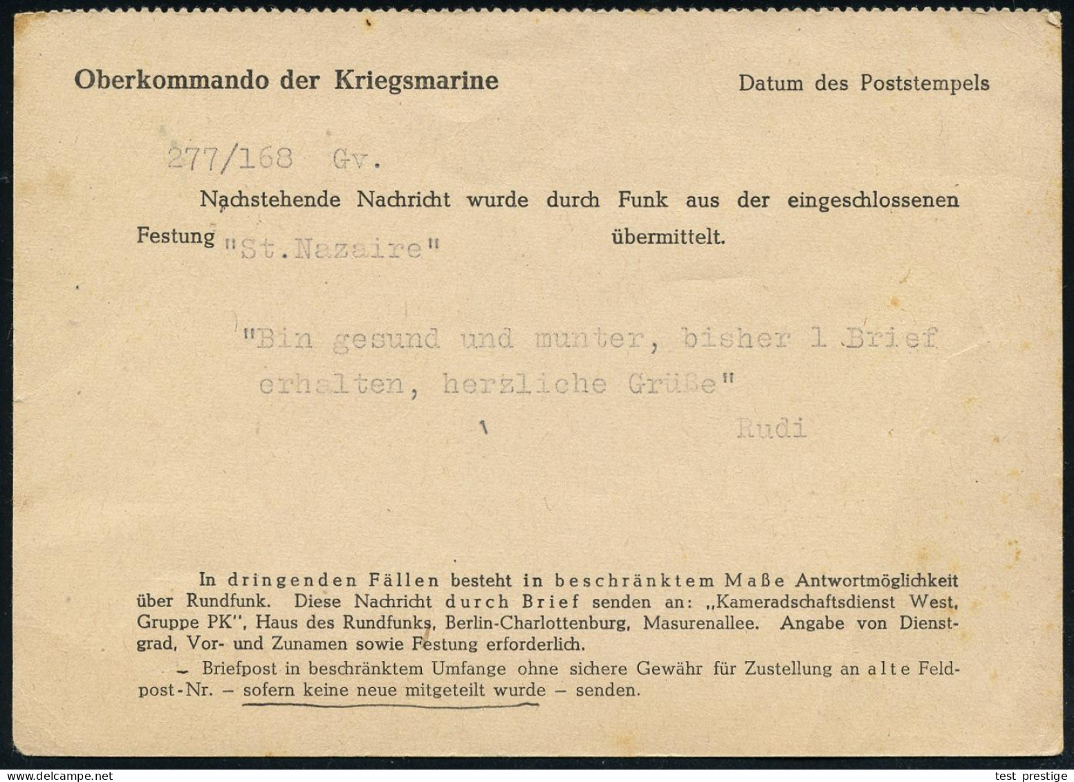 BERNAU (b BERLIN)/ B 1944 (27.10.) 2K-Steg Auf Feldpost-Dienst-Kt.: Oberkommando Der Kriegsmarine "Funk-Nachricht Festun - WW2