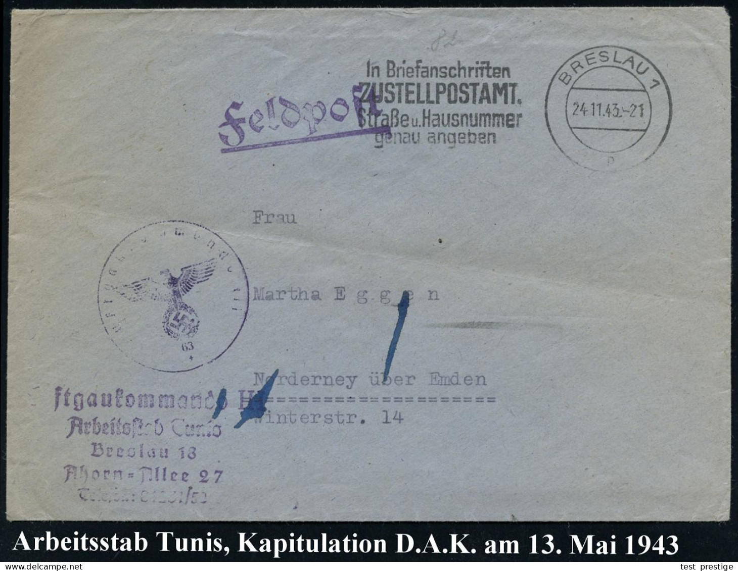 BRESLAU 1/ P/ In Briefabschriften/ ZUSTELLPOSTAMT/ ..angeben 1943 (24.11.) MWSt + Viol. 1K-HdN. Ostgaukommando III + 4L: - 2. Weltkrieg