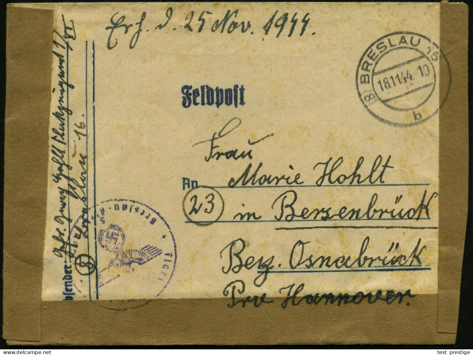 (8) BRESLAU 16/ B 1944 (18.11.) Seltener 2K-Steg Mit Postleitgebietszahl "8"+ Viol. 1K-HdN: Flakzeugamt 1.. (nicht Ganz  - Guerre Mondiale (Seconde)