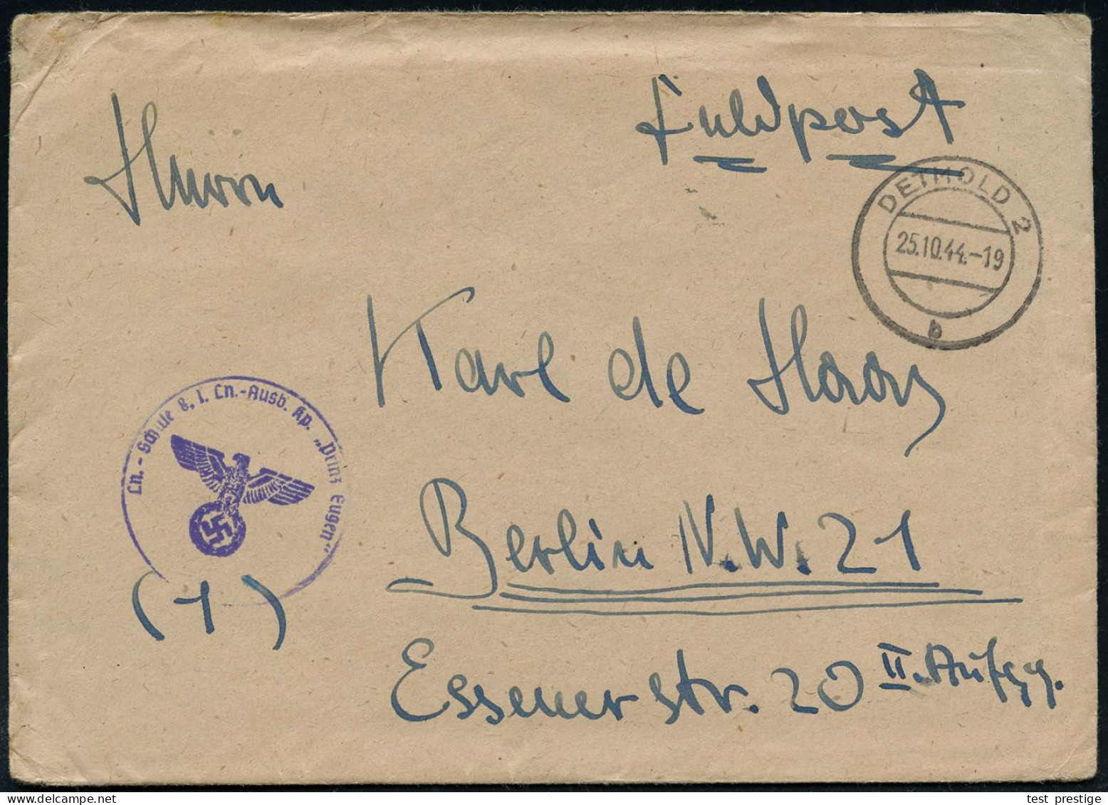 DETMOLD 2/ B 1944 (25.10.) 2K-Steg + Viol. 1K-HdN: Lw. Schule 8, L. Ln.-Ausb. Kp. "Prinz Eugen" , Rs Hs. Abs.: .. Detmol - WO2