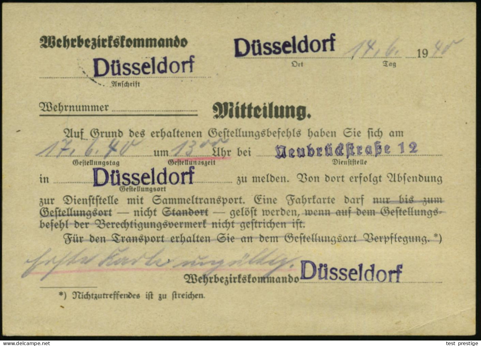 DÜSSELDORF/ 8/ C 1940 (15.6.) 1K-Brücke + Selbstbucher-RZ: Düsseldorf 8/ M O = Wehrbezirkskommando + Viol. Ra.: FdAR/ We - WW2