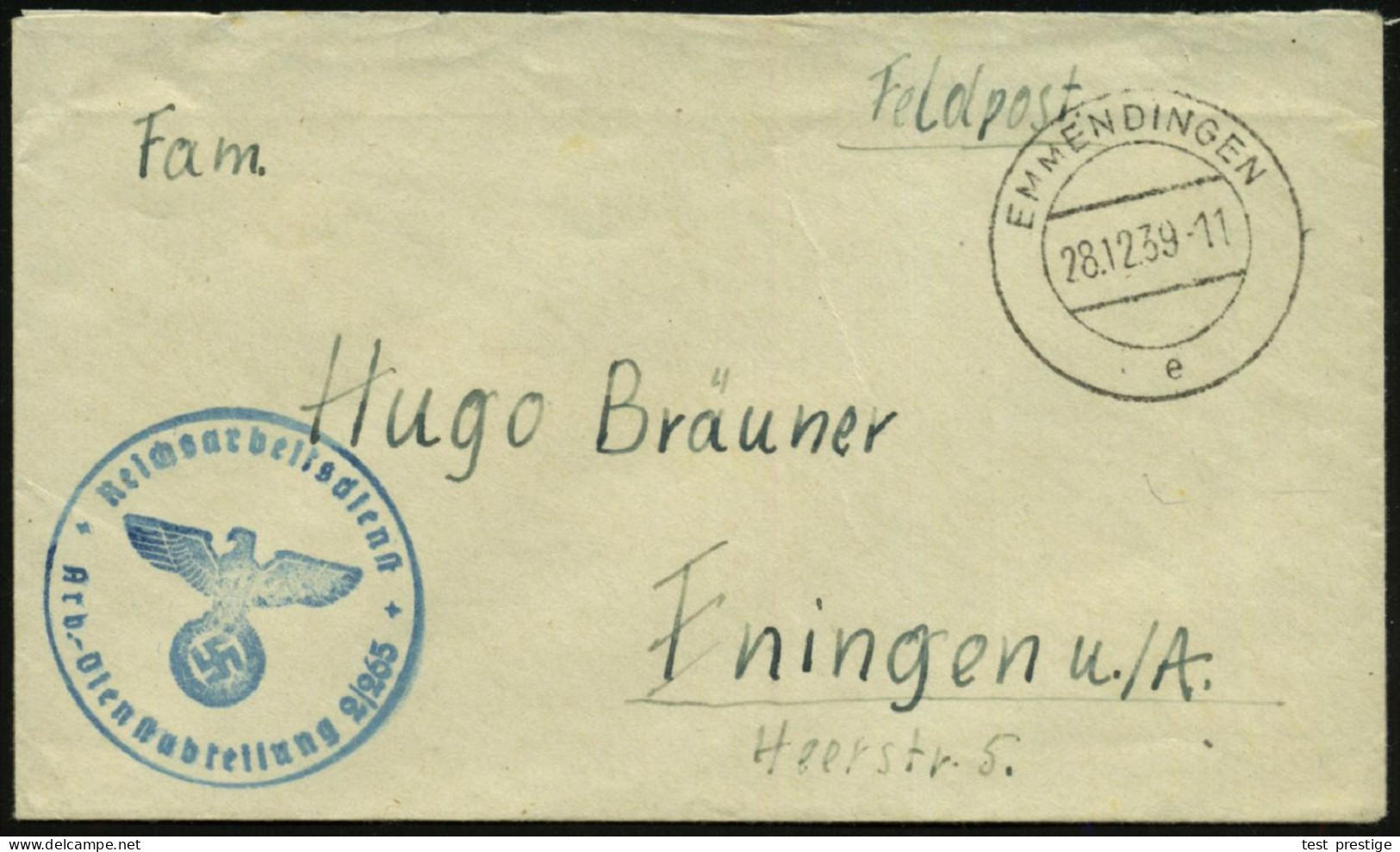 EMMENDINGEN/ E 1939 (28.12.) 2K-Steg + Blauer 1K-HdN: Reichsarbeitsdienst/ Arb.-Dienstabt. 2-265 , Klar Gest., Dekorativ - WW2