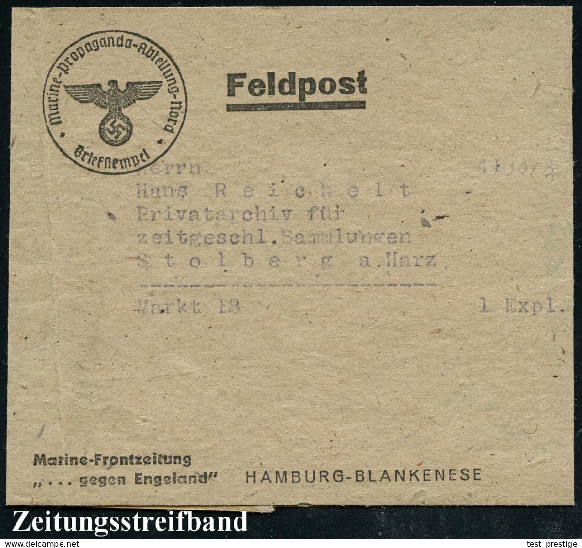 Hamburg-Blankenese 1941 (ca.) Feldpost-Zeitungs-Sb: Marine-Propaganda-Abt. Nord, Marine-Frontzeitung "..gegen Engelland" - WO2