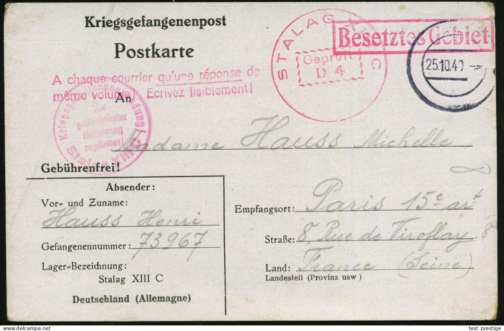 Hammelburg 1940 (25.10.) Stummer 2K-Steg = Tarnstempel Lager Hammelburg + 2 Roter Zensur-1K: STALAG XIII C/Geprüft/D 4 + - Guerre Mondiale (Seconde)