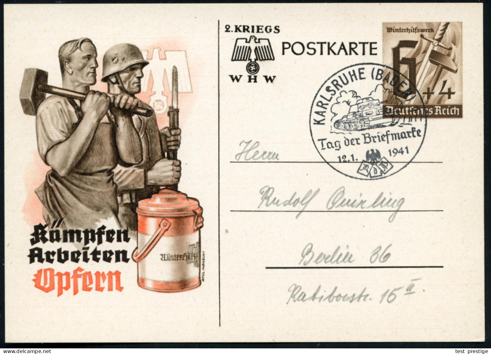 KARLSRUHE (BADEN) 1/ Tag Der Briefmarke 1941 (12.1.) SSt = Panzer II Auf Sonder-P 6 Pf. + 4 Pf. WHW (Soldat, Arbeiter Et - 2. Weltkrieg