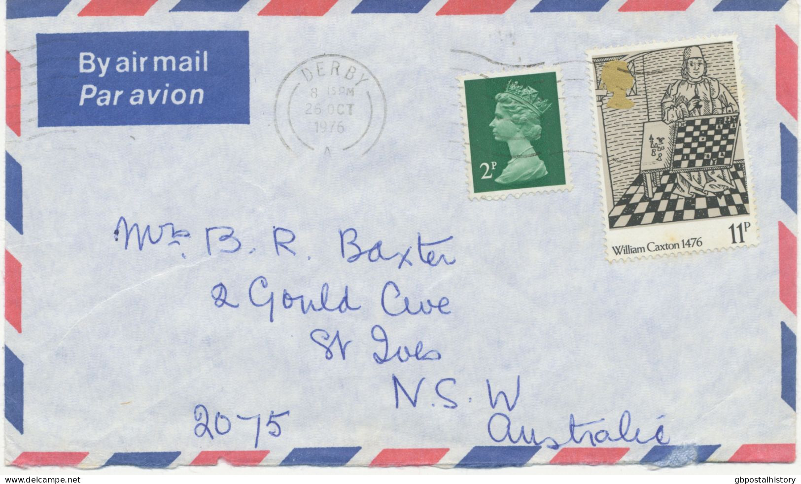 GB 1976 Machin 2p 2B And William Caxton 11p (Playing Chess) On Air Mail Cover From“DERBY“ To „ST. IVES, New South Wales - Briefe U. Dokumente