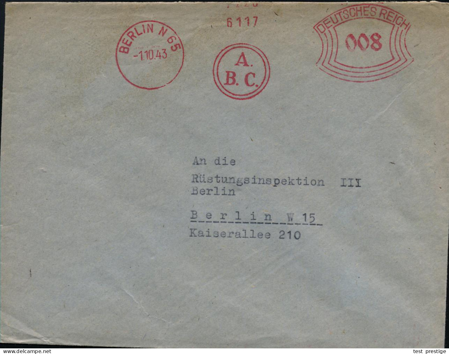 BERLIN N 65/ A.B.C. 1943 (1.10.) Anonymer AFS = Auer-Ges. AG = Firma Für Abwehr Chemischer Kampfführung (ABC Im Kreis) + - WW2