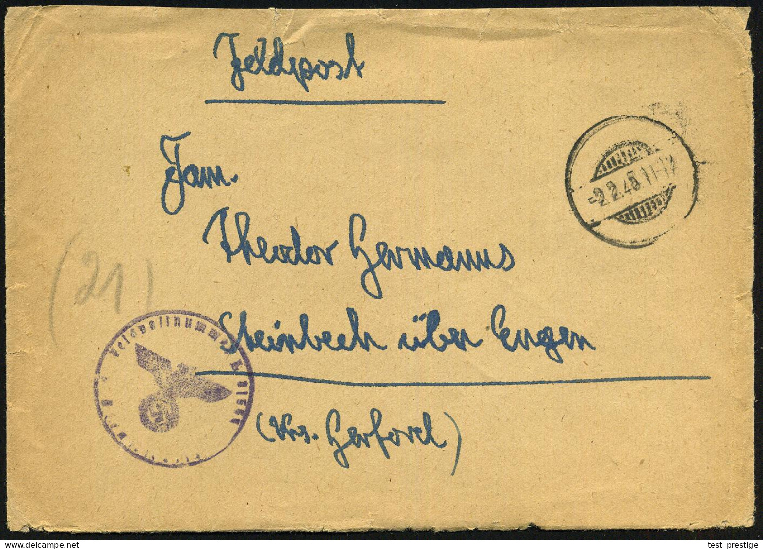 Dresden 1945 (2.2.) 1K-Gitter = Tarnstempel (Dresden ?) + Viol. 1K-HdN: Feldpostnr. L 01553 = 1. Battr. Flakscheinwerfer - WO2