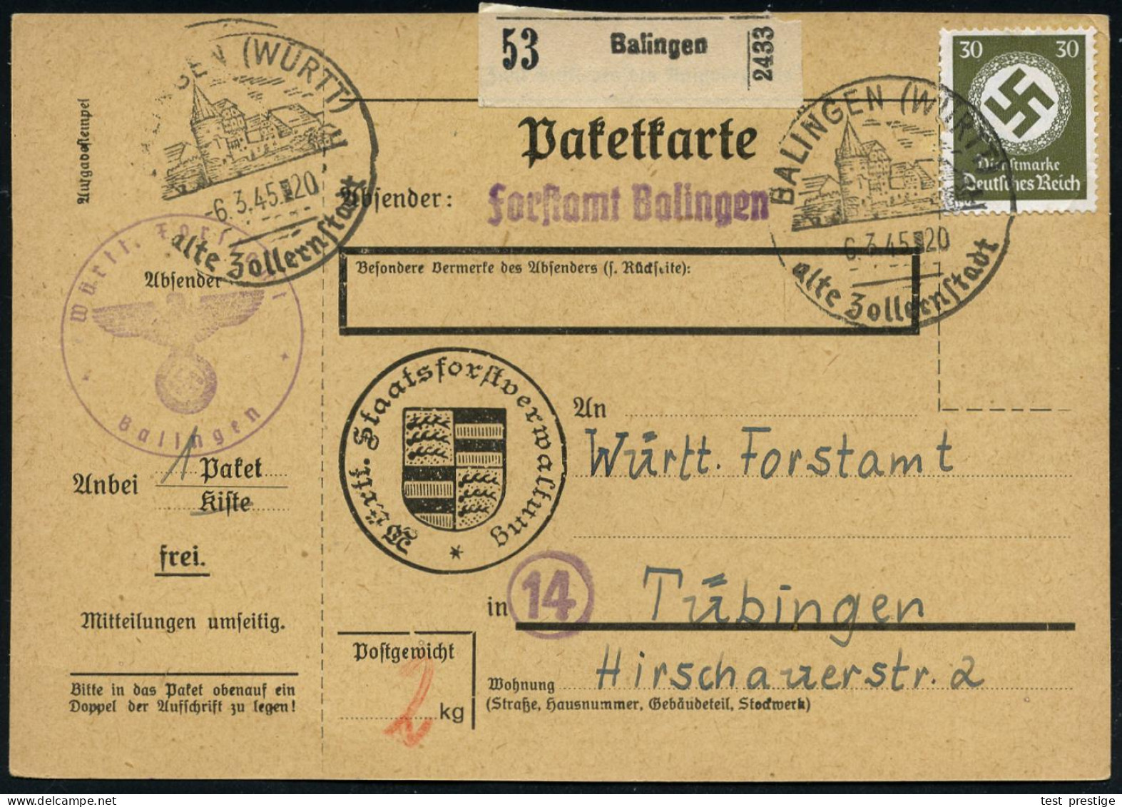 BALINGEN (WÜRTT)/ Alte Zollenstadt 1945 (6.3.) HWSt (Bo.1 Mit Stadtbild) Auf EF 30 Pf. Behördendienst + Viol. Dienst-sie - WO2