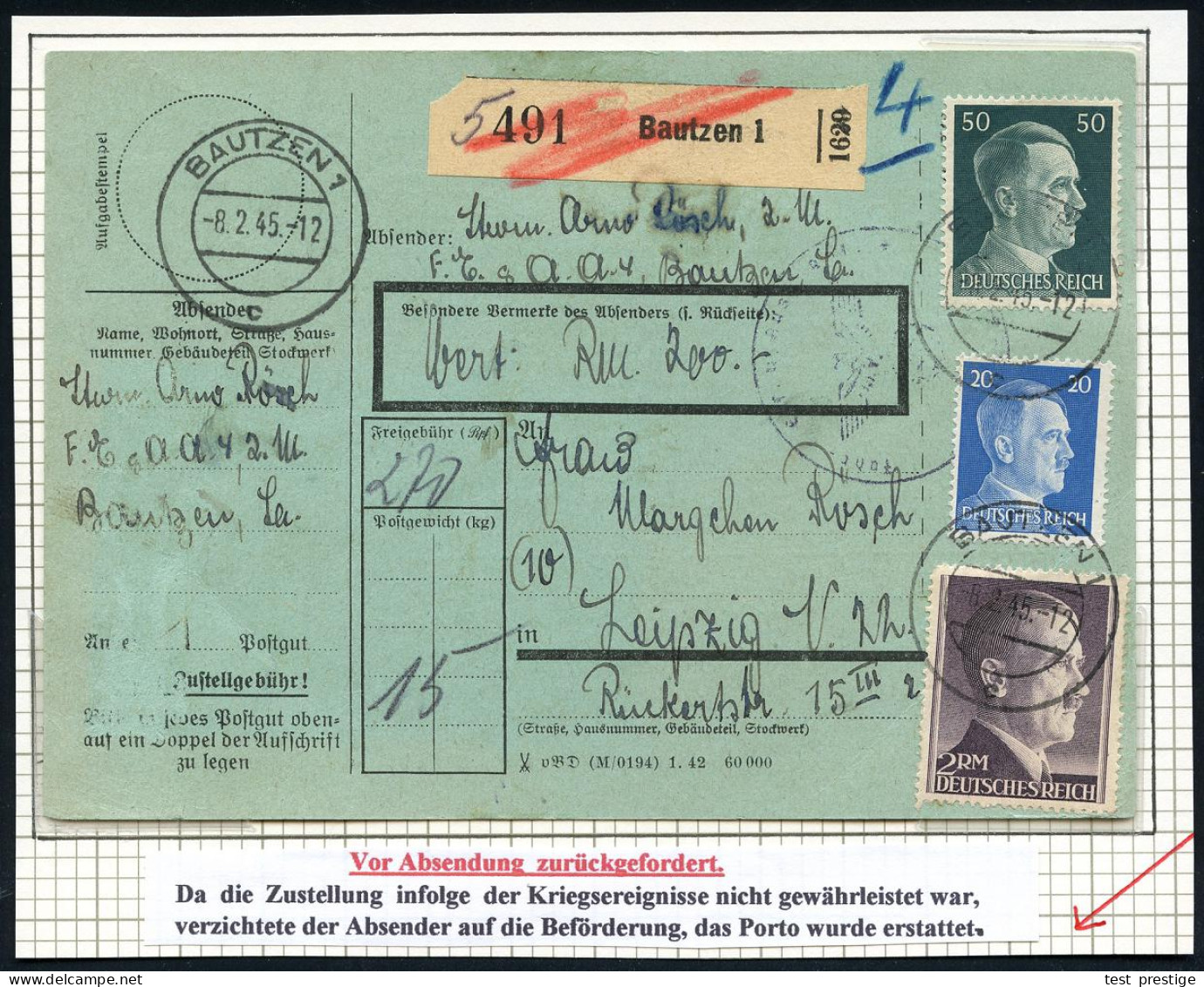 BAUTZEN 1/ C 1945 (8.2.) 2K-Steg Mehrfach Auf Hitler 20 Pf., 50 Pf. U. 2 RM + Schw. Paket-Zettel: Bautzen 1, Rot Durchge - Guerre Mondiale (Seconde)