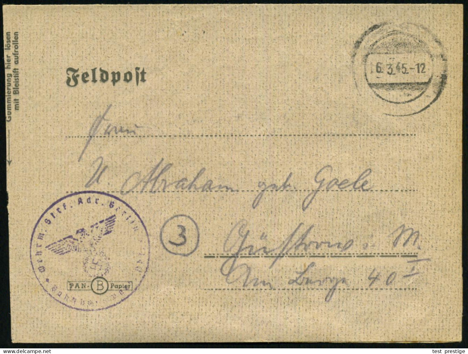 Berlin 1945 (6.3.) Stummer 2K-Steg = Tarnstempel Berlin + Viol. 1K-HdN: Wehrm.(achts) Streif.(en) Kdr. Berlin.. /Bahn-ho - WW2