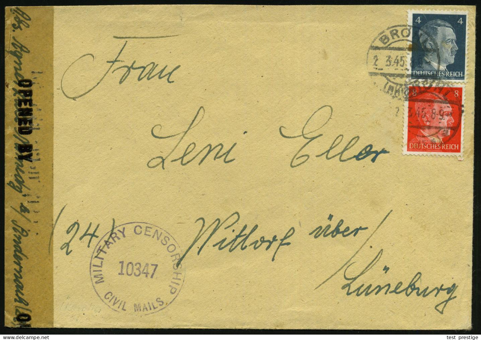 BROHL/ (RHEIN)/ A 1945 (2.3.) 1K-Brücke Auf 4 Pf. U. 8 Pf. Hitler + US-Zensur-1K: MILITARY CENSORSHIP/10347/ CIVIL MAILS - 2. Weltkrieg