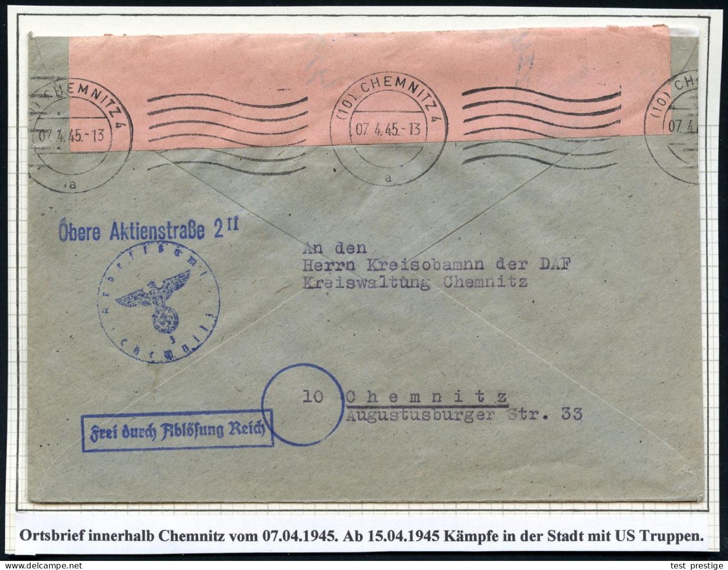 (10) CHEMNITZ 4/ A 1945 (7.4.) MaWellenSt Mit Postleitgebietszahl (6 Wellen) + Dienst-HdN: Arbeitsamt/Chembitz + Frei Du - WW2