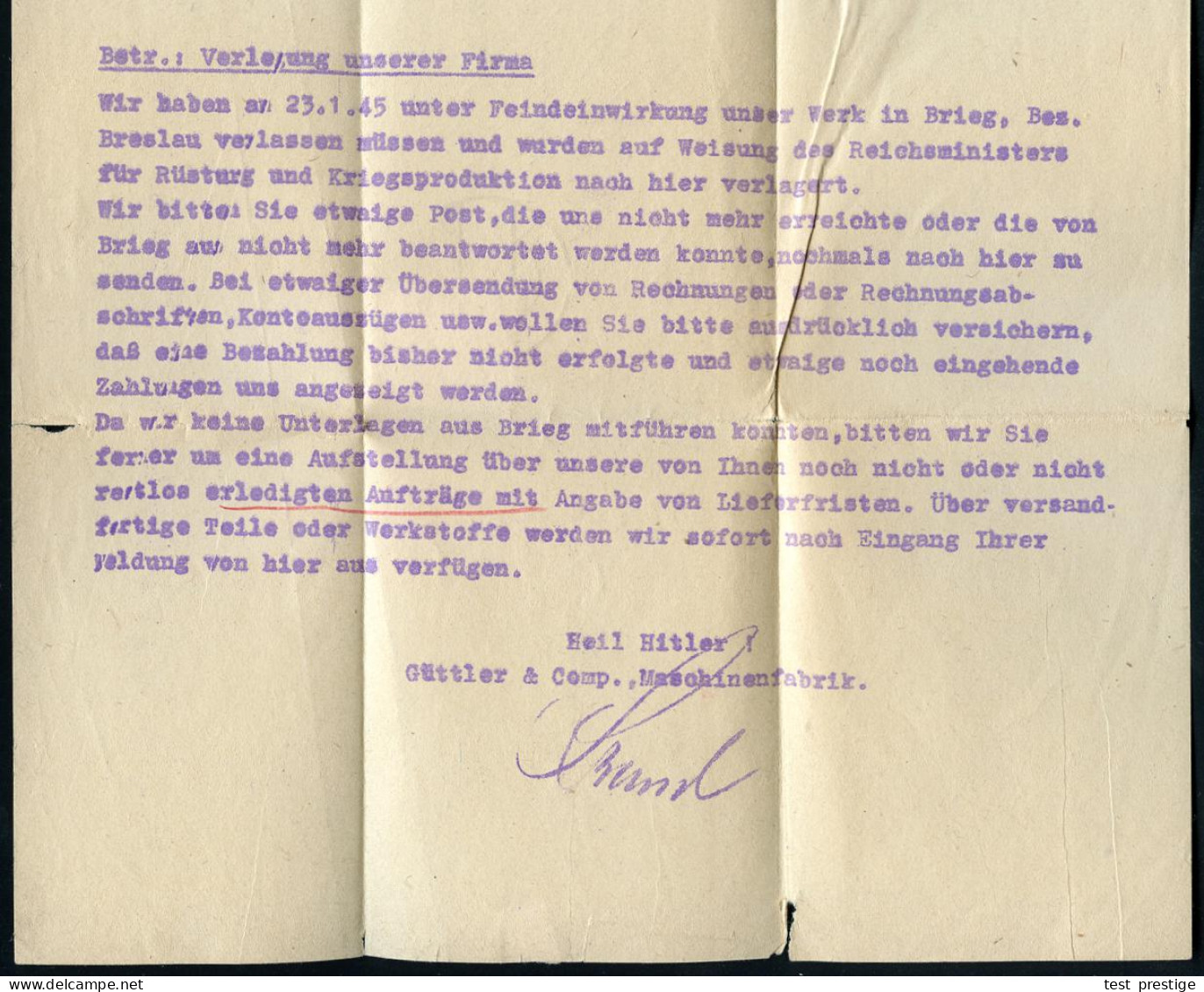 DONAUWÖRTH 1945 (23.2.) 1K-Brücke Auf EF 12 Pf. Hitler, Später Firmen-Falt-Bf. Der Fa. Güttler & Co, Maschinenfabrik, Te - 2. Weltkrieg