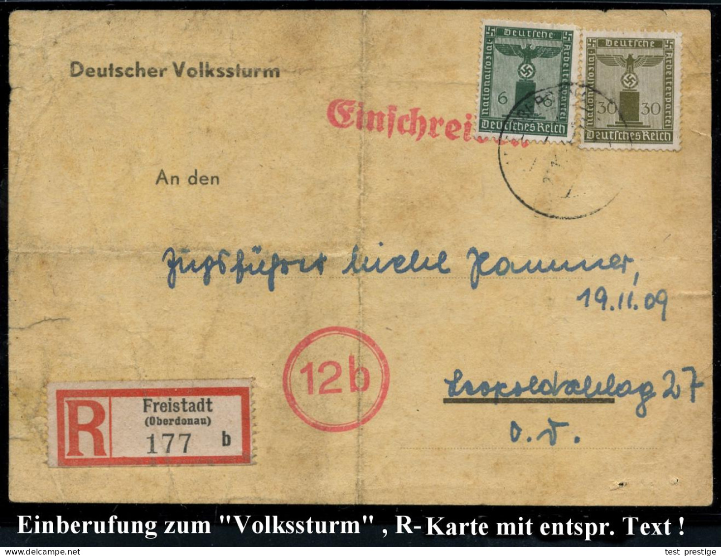 FREISTADT/ (OBERDONAU) 1944 (21.11.) 2K-Steg (teils Undeutl.) Auf Parteidienst 6 Pf. U. 30 Pf. + RZ: Freistadt/ (Oberdon - 2. Weltkrieg