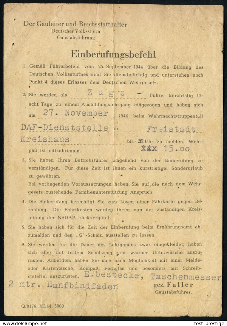 FREISTADT/ (OBERDONAU) 1944 (21.11.) 2K-Steg (teils Undeutl.) Auf Parteidienst 6 Pf. U. 30 Pf. + RZ: Freistadt/ (Oberdon - WW2