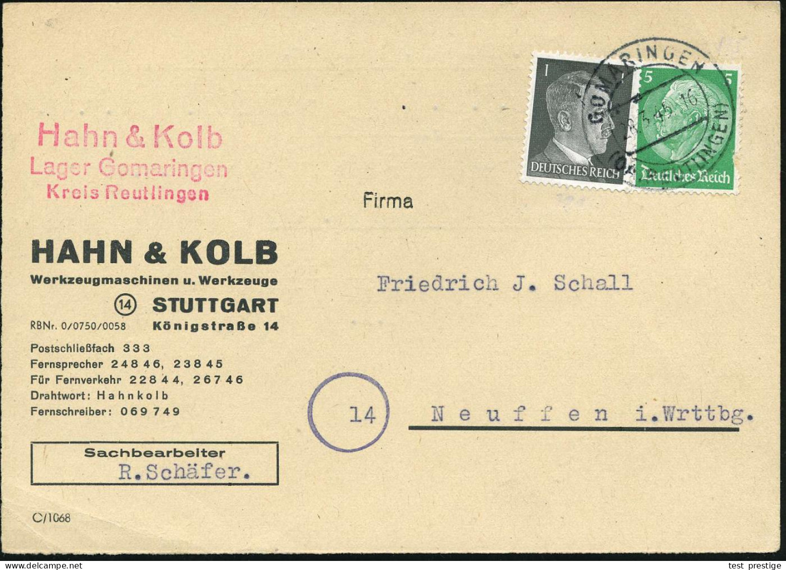 GOMARINGEN/ (OA REUTLINGEN) 1945 (28.3.) 2K-Steg Auf 1 Pf. Hitler U. 5 Pf. Hindenbg. , Firmenkt.: HAHN & KOLB/..(14) STU - WW2