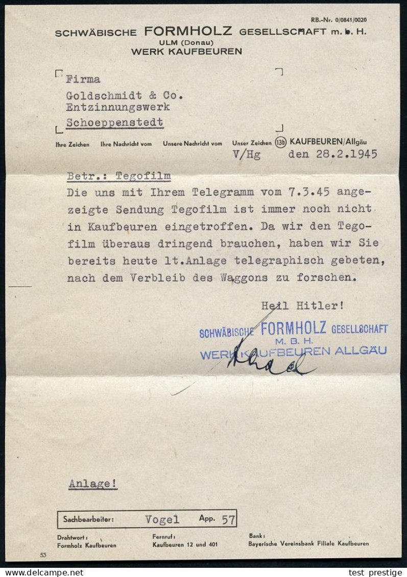 KAUFBEUREN 1945 (29.3.) 1K-Brücke Auf EF 12 Pf. Hitler + US-Zensur-1K: MILITARY CENSORSHIP/13279/CIVIL MAILS + Klebestre - 2. Weltkrieg