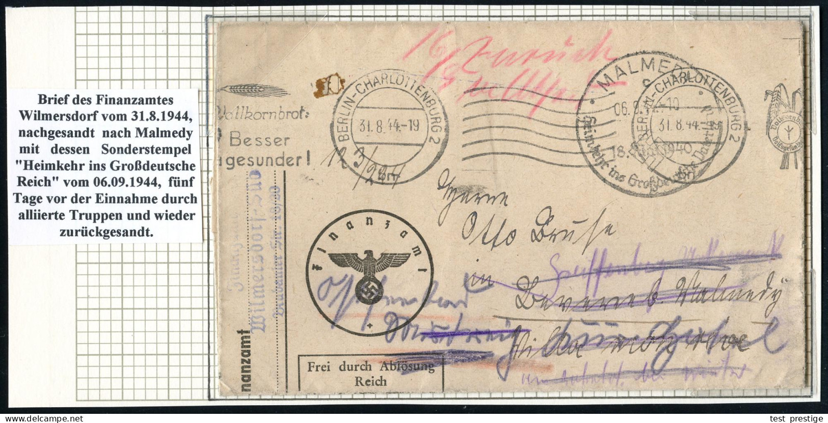 Malmedy /  Berlin 1944 (31.8.) Bd.MWSt.: BERLIN-CHARLOTTENBURG 2/bm/Vollkornbrot/Besser/u.gesunder! (Bo.S 373 D + 6  Wel - WO2