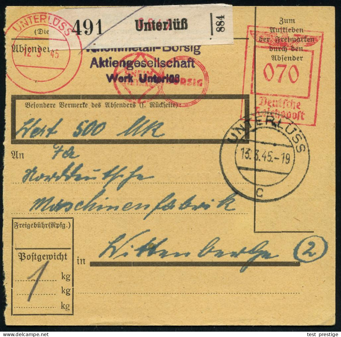 UNTERLÜSS/ RHEIN/ METALL/ BORSIG 1945 (12.3.) Seltener AFS Francotyp 070 Pf. + Schw. Paketzettel: Unterlüß + 2K-Steg: UN - WW2