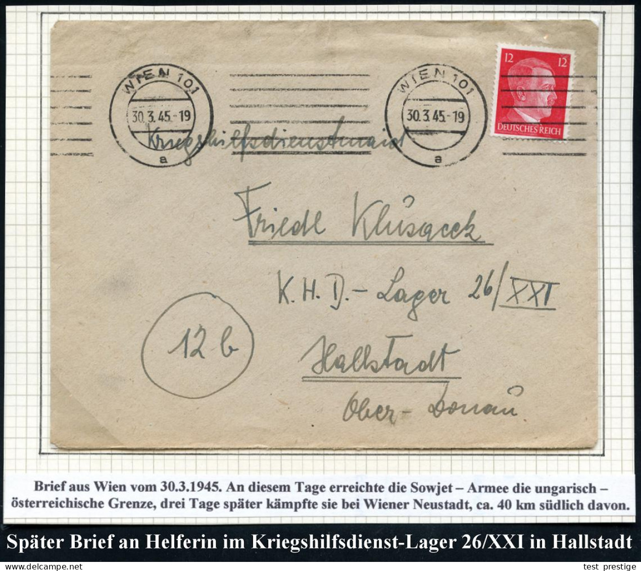 WIEN 101/ A 1945 (30.3.) Band-Ma.Strich-Stpl. (6 Striche) Auf EF 12 Pf. Hitler, Später Fern-Bf. An Eine Frau Im Kriegs-H - WO2