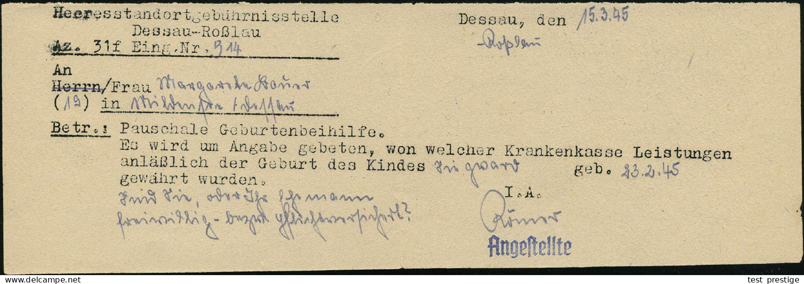 (19) ZERBST/ B 1945 (16.3.) 2K-Steg Mit PLGZ + Viol. 1K-HdN: Heeresstandortgebührenstelle Zerbst , Klar Gest. Feldpost-F - WO2