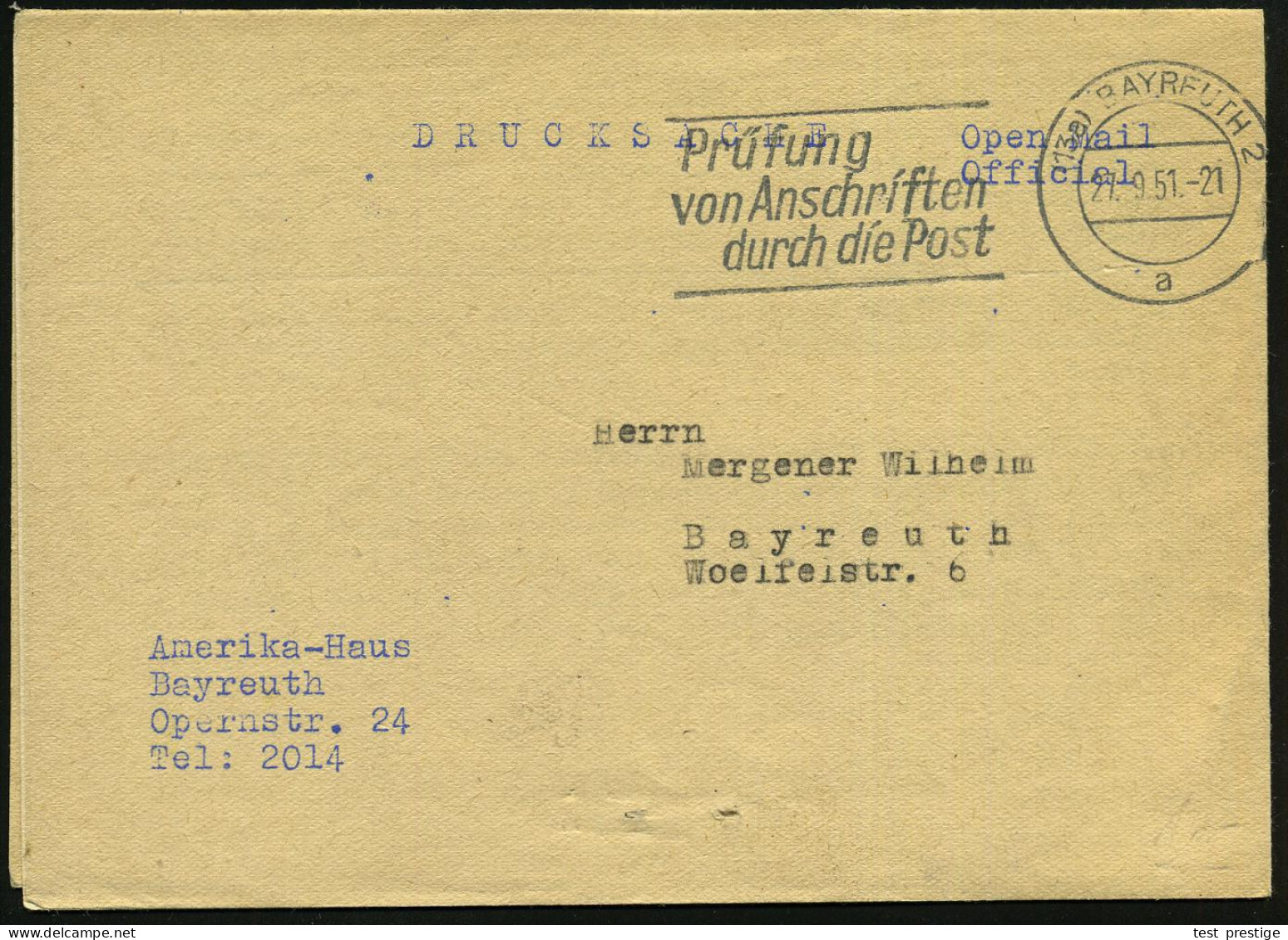 (13a) BAYREUTH 2/ A/ Prüfung/ V.Anschriften.. 1951 (27.9.) MWSt Auf Portofreier Falt-Dienst-Bf.: Amerika-Haus-Programm , - WW2 (II Guerra Mundial)