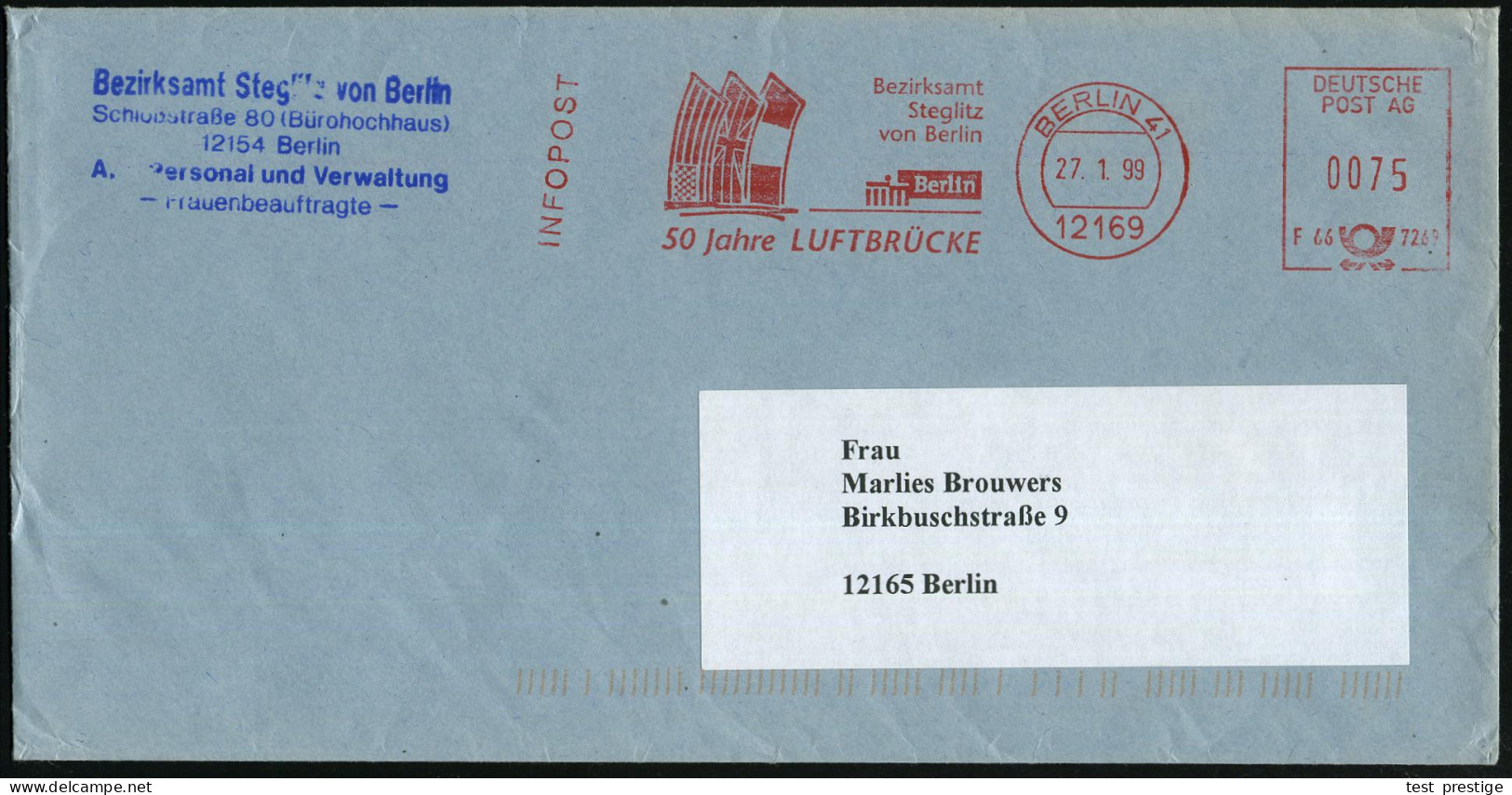 12169 BERLIN 41/ F66 7269/ Bezirksamt/ Steglitz/ ..50 Jahre LUFTBRÜCKE 1999 (27.1.) AFS Postalia "DEUTSCHE POST AG" = Fl - Guerre Mondiale (Seconde)