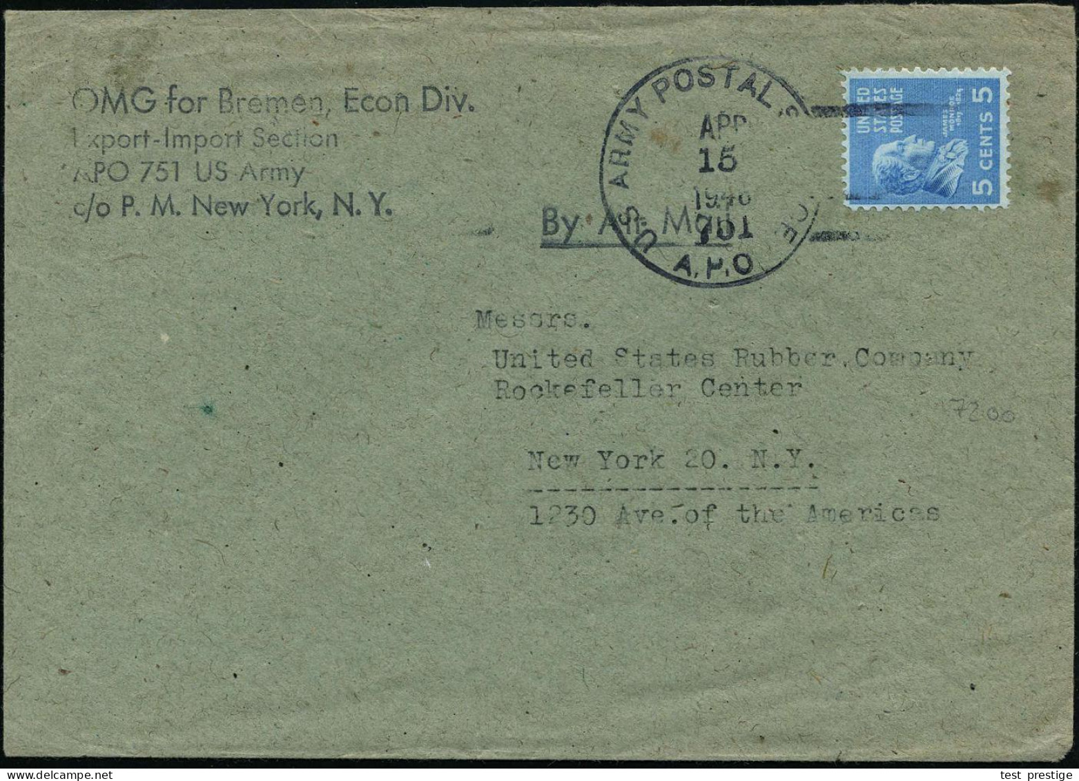 Bremen 1946 (15.4.) US-Feldpost-1K-Killer: U.S. ARMY POSTAL SERVICE/751/A.P.O. = Bremen Auf EF 5 C. Monroe = Nur Luftpos - Guerre Mondiale (Seconde)